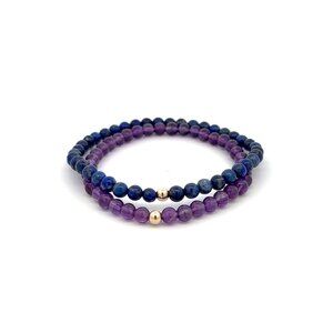 Lapis Lazuli & Amethyst Gemstone Stretch Bracelet with 14K Gold Accent Bead Hand